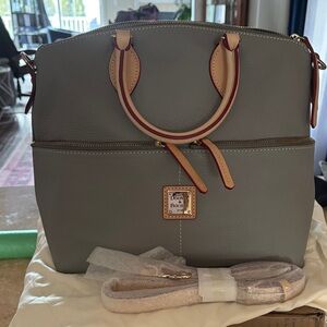 Dooney & Bourke Gray Pebbled Leather Satchel with Tan Trim and Red Edge